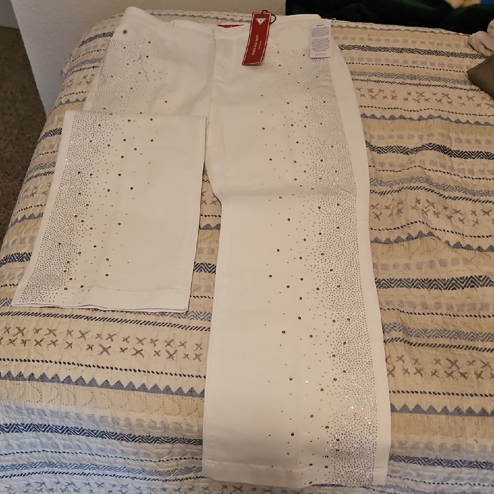Guess White Jeans with Gold and Silver Stud Accents